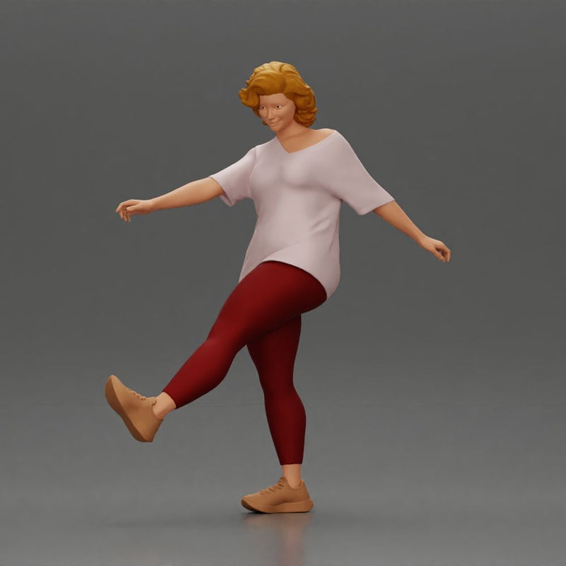 Woman in casual outfit joyfully kicks her leg with energy - Only-Games