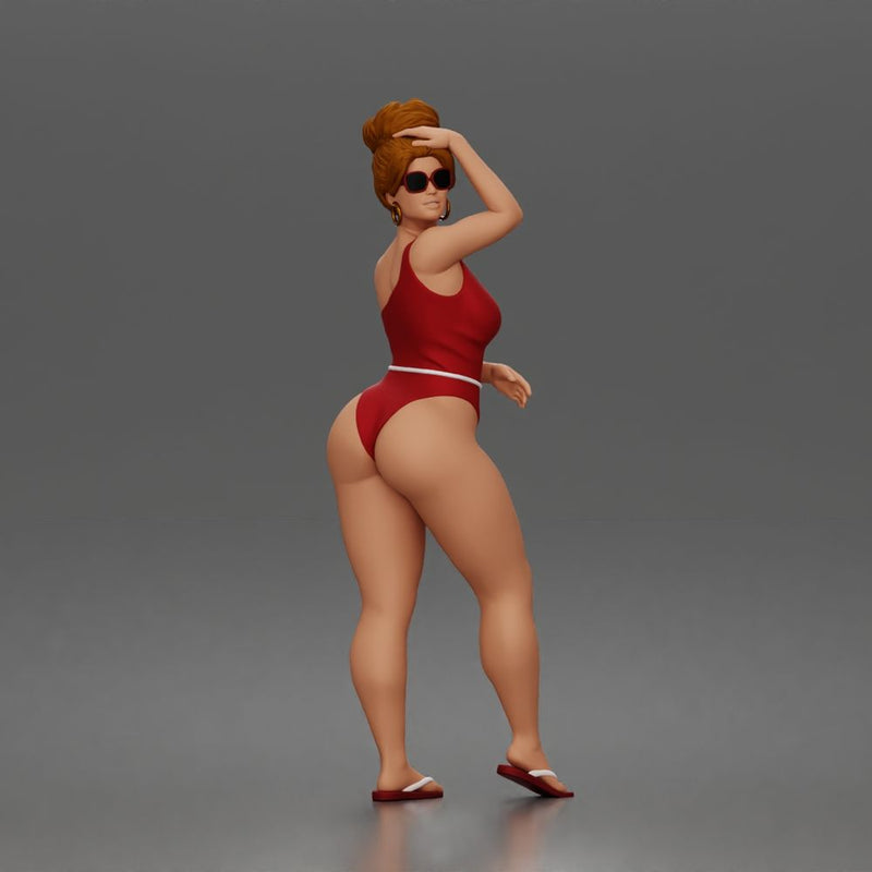 Standing woman shields eyes wearing swimsuit sunglasses earrings flip flops