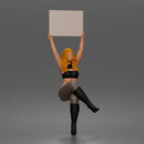 Woman Holding Blank Sign Overhead Seated Pose Crop Top Leggings Thigh High Boots