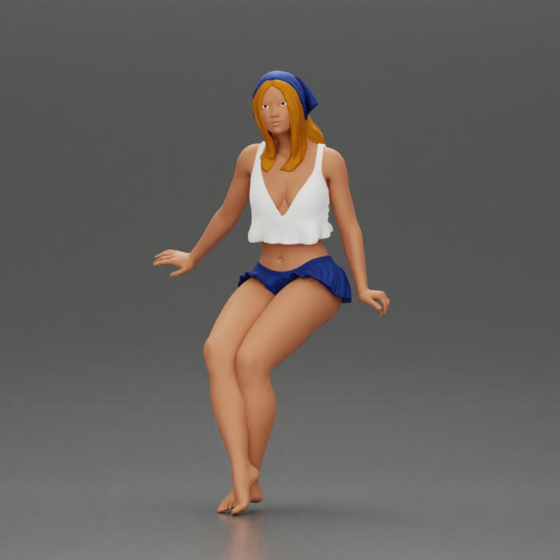 Stylish woman sitting casually in a white top and blue skirt - Only-Games