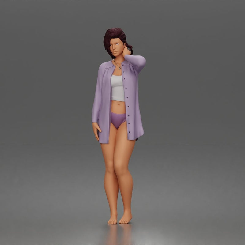 Relaxed morning woman character standing pose in open shirt loungewear outfit - Only-Games
