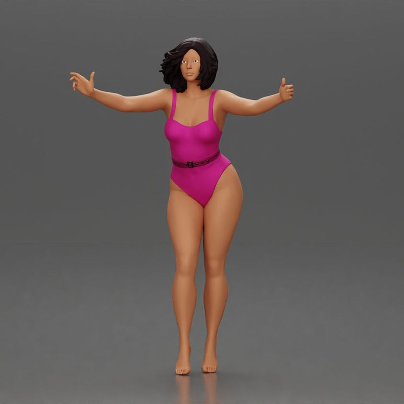 Woman with short black hair wearing pink swimsuit raising arms - Only-Games