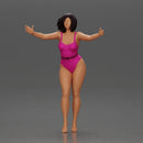 Woman with short black hair wearing pink swimsuit raising arms - Only-Games
