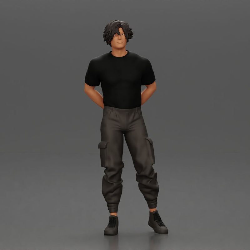 Man with messy hair wearing black shirt and cargo pants - Only-Games