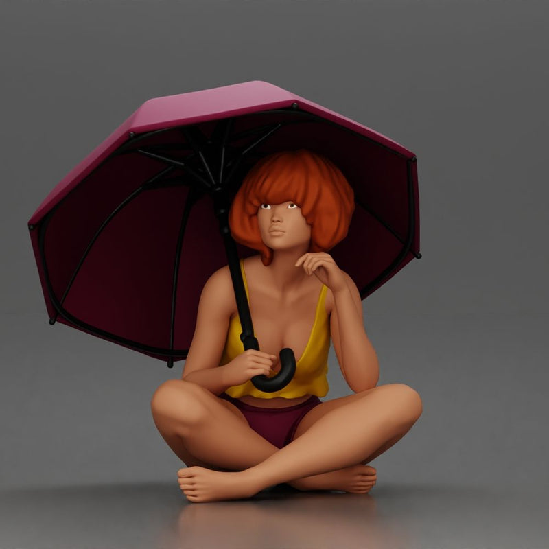 Girl with orange hair holding umbrella sitting in thoughtful pose - Only-Games