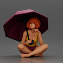 Girl with orange hair holding umbrella sitting in thoughtful pose - Only-Games