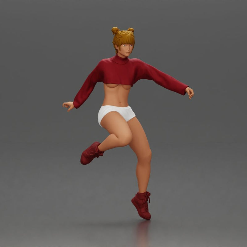 Woman in red crop top and sneakers riding a motorbike - Only-Games