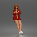 leaning woman folds arms open shirt swimwear bottoms and sneakers