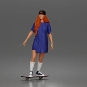Skateboard girl in long shirt and cap gliding smoothly forward in relaxed street style pose - Only-Games