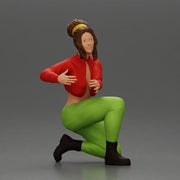Fashionable woman kneeling in red jacket, green pants, and black boots - Only-Games