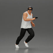 Gangster Man in Beanie Sunglasses Tank Pants Sneakers Running with Gun - Only-Games