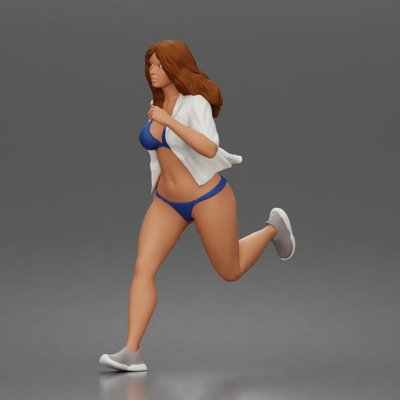 Running woman wearing bikini top and open shirt with sneakers sprinting - Only-Games