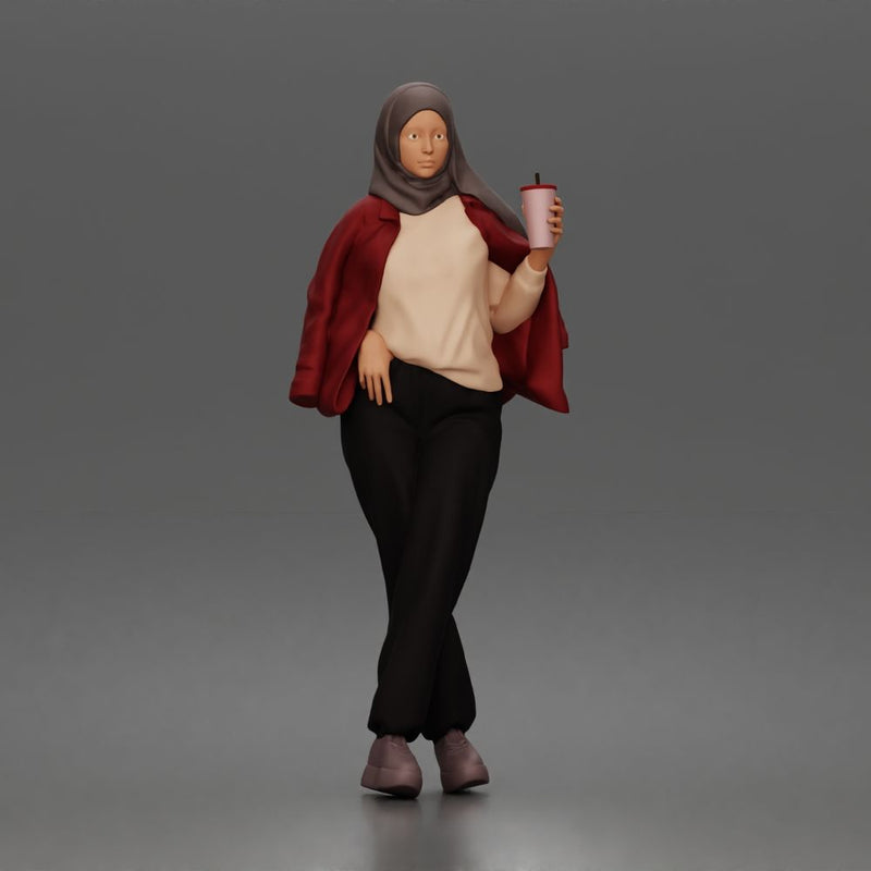 hijabi woman sipping takeaway drink in modern casual streetwear style - Only-Games