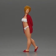 Chic woman in a red shirt and white bikini confidently walking - Only-Games