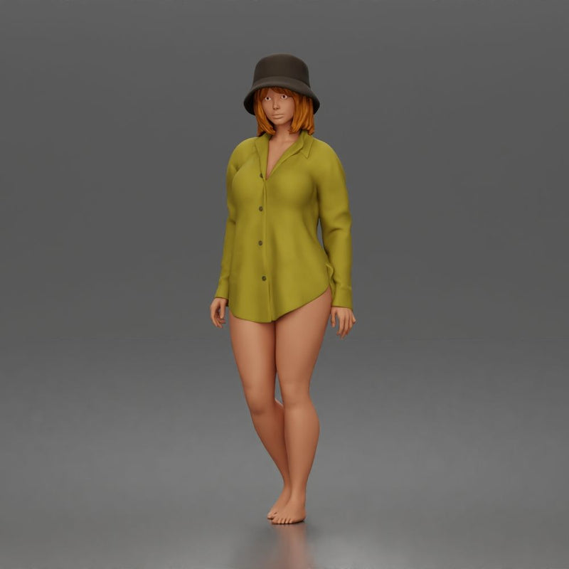 Standing woman In Oversized Button-Shirt With Bucket Hat Barefoot