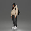 Chill Hooded Cap Walker Posing with Backpack Pants and Sneakers