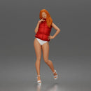 Woman poses flirtatiously wearing puffer vest bikini bottoms heeled sandals - Only-Games