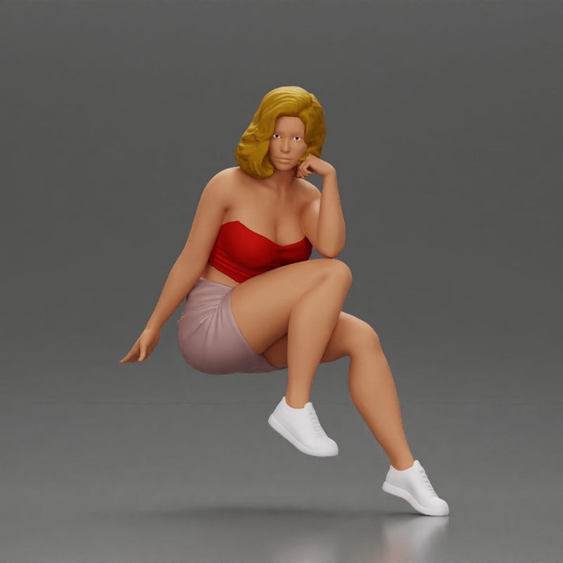 Confident Blonde Woman Sitting Gracefully in Red and Pink - Only-Games