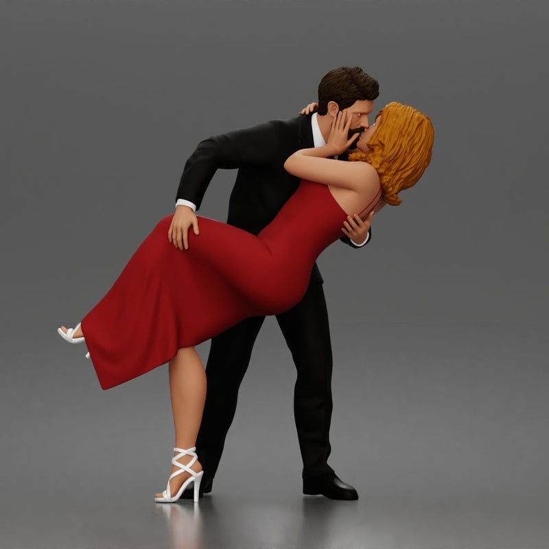 Man Dips Woman While Kissing Suit Long Dress Strappy Heels - Only-Games