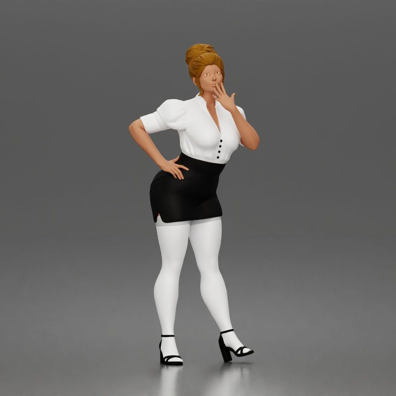 Secretary blows kiss wearing buttoned blouse pencil skirt stockings heels - Only-Games
