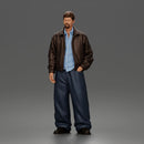 Standing In Leather Jacket Button Shirt Loose Trousers And Shoes