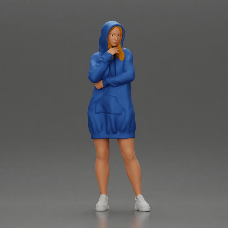 Hooded Woman Standing Thoughtfully with Hand on Chin and Arm Crossed - Only-Games