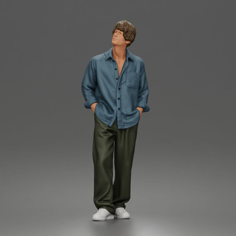 Relaxed Sky Gazer Posing in Open Shirt Pants and Sneakers