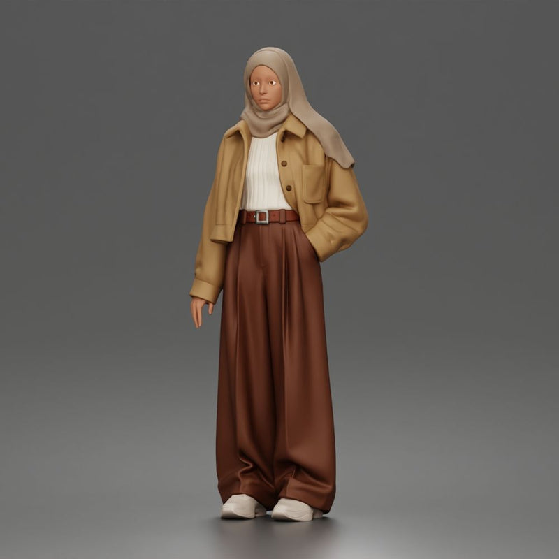 Relaxed Hijab Stander Posing in Jacket Shirt Pants and Sneakers