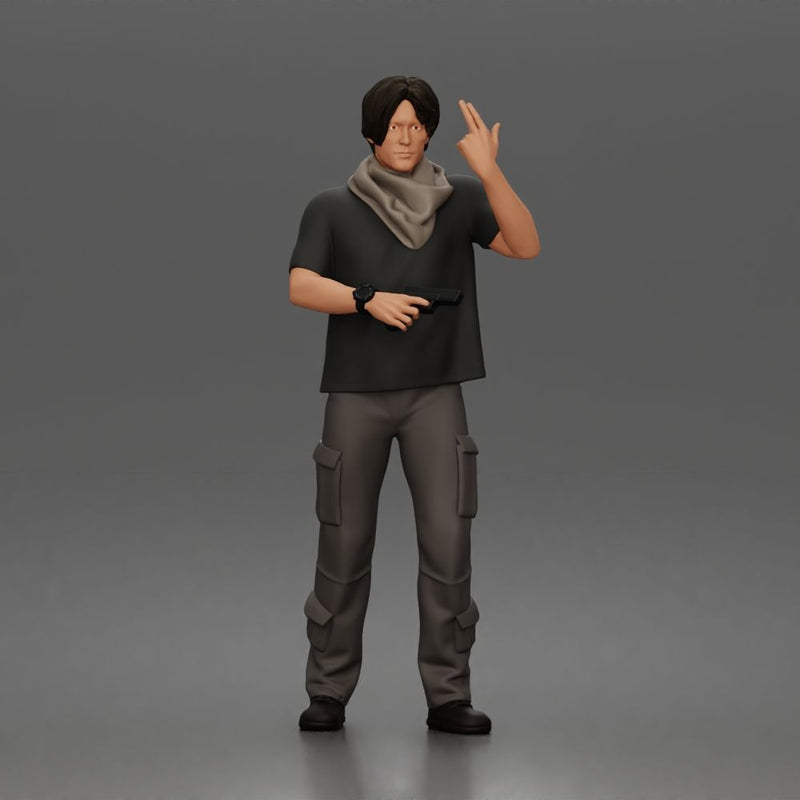 Man Standing With Handgun And Peace Sign In T-Shirt Scarf Cargo Pants And Boots
