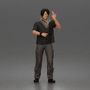 Man Standing With Handgun And Peace Sign In T-Shirt Scarf Cargo Pants And Boots