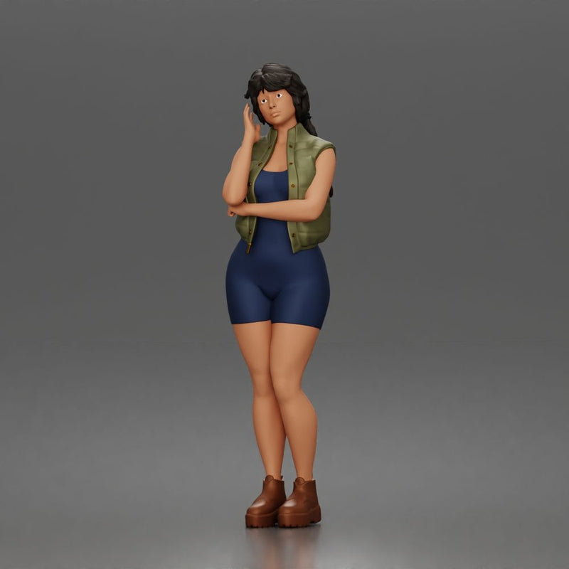 Thoughtful woman stands hand on cheek wearing vest shorts boots - Only-Games