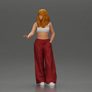 Chola style woman white top red baggy pants posing. - Only-Games
