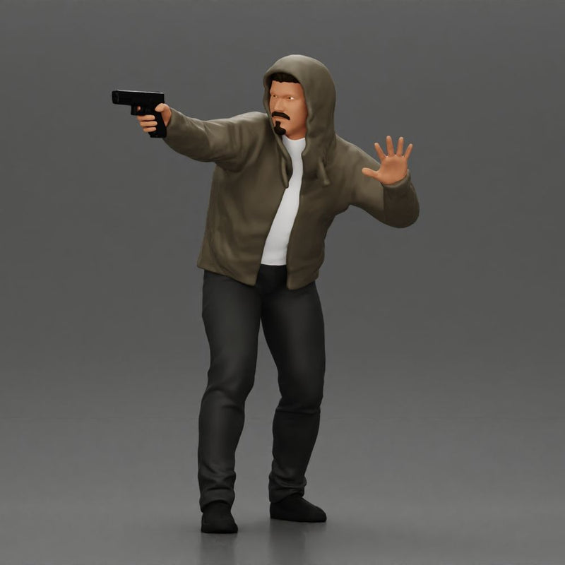 Man in hoodie pointing gun while raising hand in defensive gesture - Only-Games