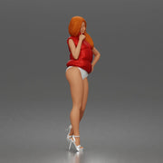 Woman poses flirtatiously wearing puffer vest bikini bottoms heeled sandals - Only-Games