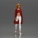 Woman with curly hair wearing red coat walking holding red handbag - Only-Games