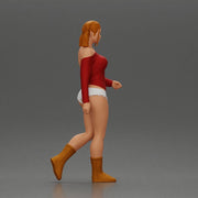 woman walking with purpose wearing red top white shorts brown boots - Only-Games