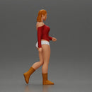 woman walking with purpose wearing red top white shorts brown boots - Only-Games