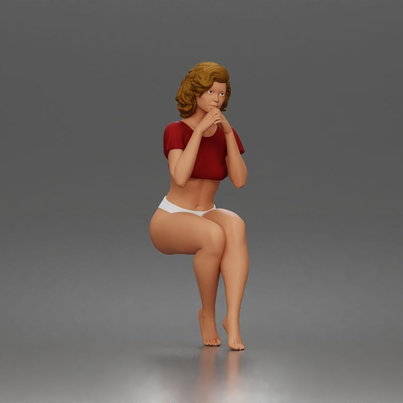Sitting Woman Clasping Hands Near Chin In Crop Top Bottoms - Only-Games