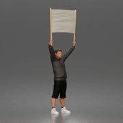 Casual protester holding blank banner wearing hoodie shorts and sneakers - Only-Games