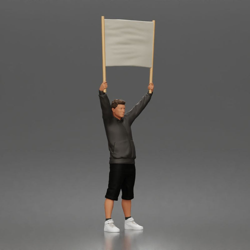 Casual protester holding blank banner wearing hoodie shorts and sneakers - Only-Games