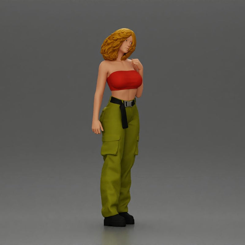 Urban dancer showcasing attitude in red tube top cargo pants pose - Only-Games
