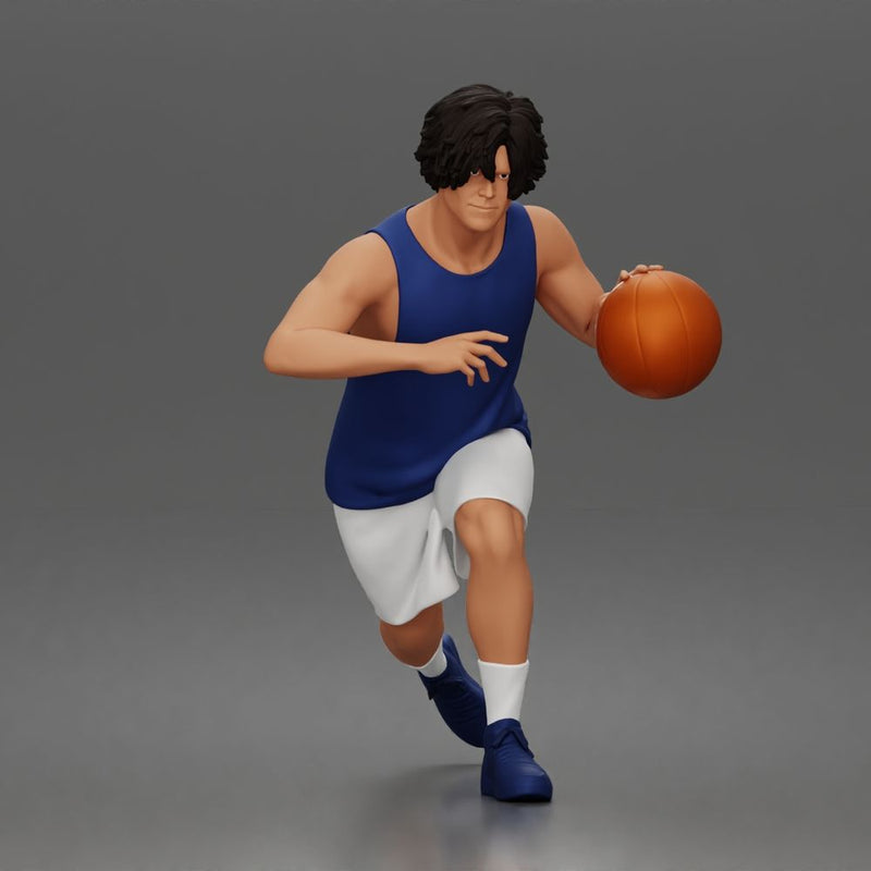 Basketball player drives forward dribbling ball wearing sleeveless jersey shorts socks sneakers - Only-Games