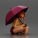 Girl with orange hair holding umbrella sitting in thoughtful pose - Only-Games