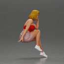 Confident Blonde Woman Sitting Gracefully in Red and Pink - Only-Games