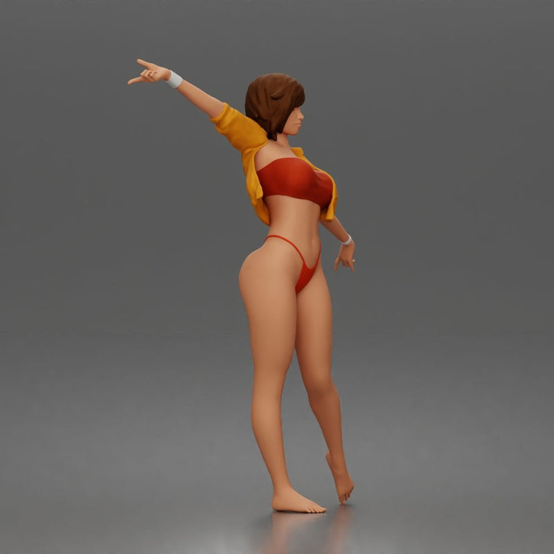 Woman dances balancing wearing crop top jacket bikini bottoms barefoot - Only-Games