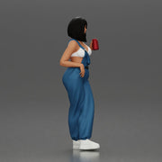 Woman with black hair wearing blue overalls holding a drink - Only-Games