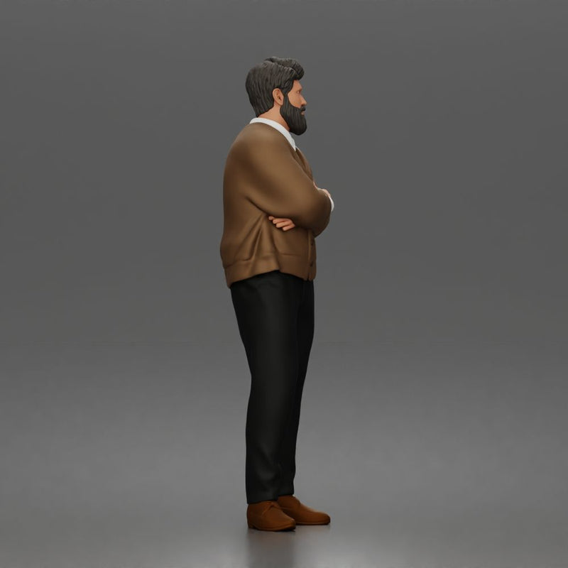 Man Standing Calmly in Casual Cardigan and Dress Pants