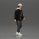 Stylish urban man walking in black jacket white hoodie cap and sneakers - Only-Games