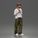 Casual Coffee Drinker Posing with Shoulder Bag Cargo Pants Sneakers