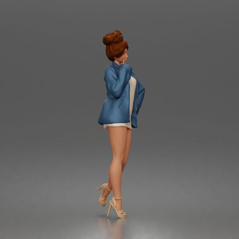 Elegant Woman Posing Confidently in Chic Jacket and Dress Outfit